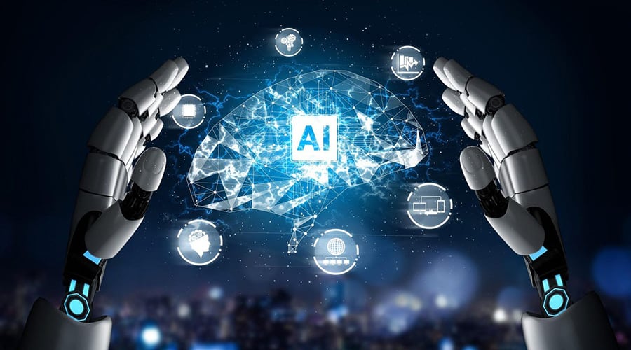 robot holding AI brain business